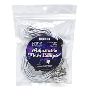 Pode incluir: Um pacote de 12 cordões de máscara ajustáveis brancos. Cada cordão mede 61 cm de comprimento e possui um deslizador ajustável e um clipe de plástico. O pacote é etiquetado como "Galaxy Notions Cordão de máscara ajustável".