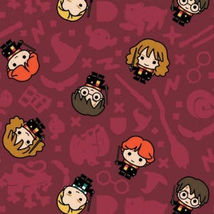 May include: A red background with a repeating pattern of Harry Potter characters, including Harry, Ron, Hermione, and others. The characters are depicted in a cartoon style and are holding wands. The background also features various Harry Potter-themed symbols, such as the Hogwarts crest, a snitch, and a broomstick.