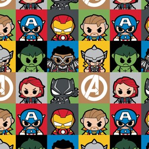 Licensed Mini Heroes Blocks - Cotton in Multi part of the Avengers Line by Camelot fabrics -  your choice of cut