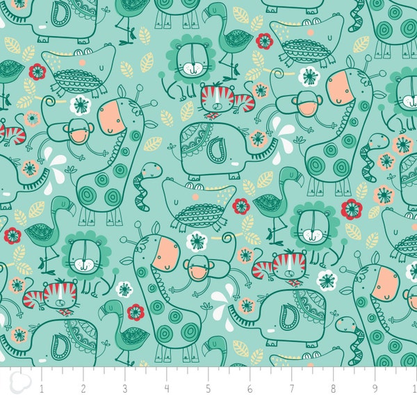 Jungle Friends in Aqua by Camelot Fabrics - vous choisissez la coupe du tissu