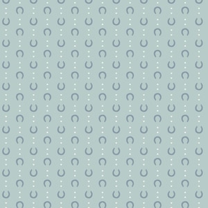 May include: A repeating pattern of blue horseshoes and white hearts on a light green background. The horseshoes are arranged in vertical rows, with a heart between each horseshoe. The overall design is simple and elegant.
