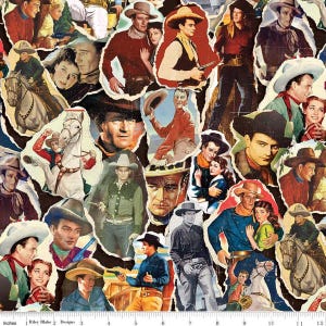 May include: A collage of vintage cowboy images in various poses, including portraits and action shots. The images are torn and layered, creating a textured effect. The color palette includes browns, reds, and blues, with the text "Riley Blake Designs" at the bottom.