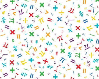 May include: A white background with a colorful pattern of math symbols, numbers, and letters. The symbols include plus signs, minus signs, multiplication signs, division signs, percent signs, pi symbols, and square root symbols. The numbers include 1, 2, 3, 4, 5, 6, 7, 8, and 9. The letters include #, &, and L.