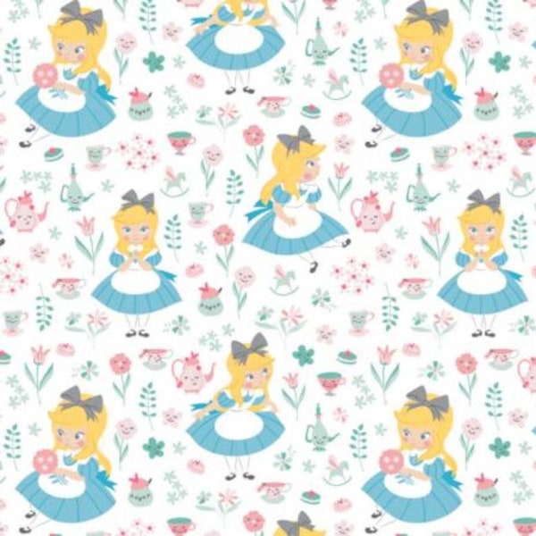 Licensed Alice in Wonderland Fabric in White - by Camelot Designs - You choose the cut