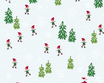 May include: A light blue Christmas pattern with cartoon elves ice skating amongst green Christmas trees and white snowflakes. The elves wear red hats and green outfits. White curved lines suggest ice skating trails.