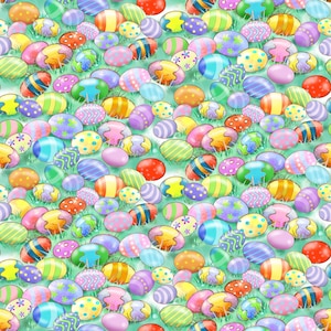 May include: A seamless pattern of colorful Easter eggs with various designs and colors, including pink, blue, yellow, green, and purple. The eggs are arranged in a random pattern on a green background.