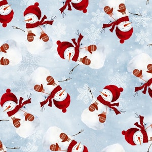 Pupazzi di neve lanciati in blu parte della linea A Christmas to Remember di 3 Wishes Fabric - Scegli tu il taglio
