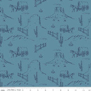 May include: A blue and white patterned fabric with a repeating design of a wagon, cacti, mountains, and a fence. The design is reminiscent of a western landscape.