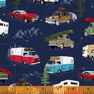 Véhicules Road Trip bleus de la gamme American Road Trip par Windham Fabrics - Coupe à vous