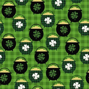 May include: A seamless pattern of black and green pots of gold with shamrocks on a green plaid background.