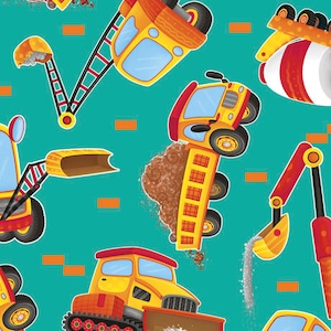 Op de afbeelding: Een naadloos patroon met verschillende gele bouwvoertuigen op een turquoise achtergrond. De voertuigen omvatten een kraan, een kiepwagen, een betonmixer en een bulldozer. De voertuigen zijn allemaal cartoonachtig en hebben fel oranje en rode accenten.