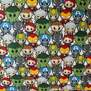 Licensed Avengers Assemble 2 in Multi with White background part of the Avengers Line by Camelot fabrics -  your choice of cut