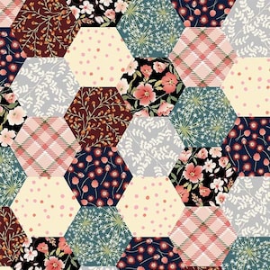 May include: A patchwork pattern featuring a variety of floral and geometric designs. Hexagonal shapes showcase floral prints, polka dots, and plaid patterns in shades of red, pink, blue, and cream. The overall design is a mix of vintage and modern styles.