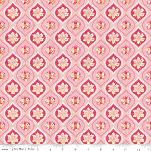 May include: Pink fabric with a repeating pattern of white, yellow, and red floral designs in a diamond shape.