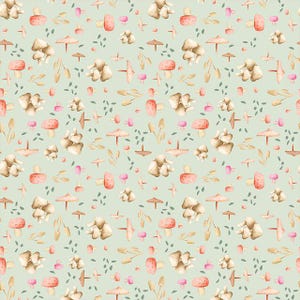 May include: A repeating pattern on a light sage green background featuring watercolor illustrations of various mushrooms in shades of tan, brown, and soft pink, interspersed with small dark green leaves and delicate botanical sprigs.