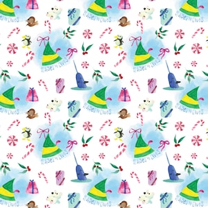 May include: A repeating pattern on a white background featuring Christmas-themed illustrations. The design includes elf hats, narwhals, penguins, polar bears, wrapped gifts, candy canes, and the text "Raised by Elves". The color palette consists of green, yellow, pink, blue, and white.