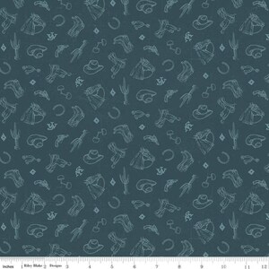 May include: Dark teal fabric with a repeating pattern of cowboy-themed illustrations. The design includes horses, hats, horseshoes, cacti, and other western motifs in a light blue-gray color.