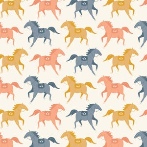 May include: A repeating pattern of stylized horses in shades of peach, gold, and blue-gray on a cream background. Each horse has a saddle and is depicted in a running pose, creating a playful and whimsical design.