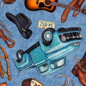 May include: A blue vintage pickup truck with a license plate that reads "34-892" and "Virginia" is surrounded by various western-themed items, including a cowboy hat, a guitar, a horseshoe, and a pair of cowboy boots.