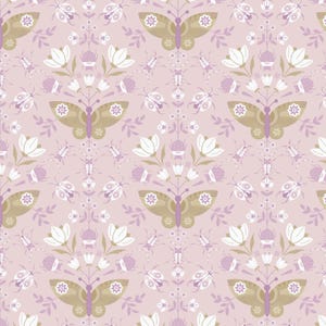 May include: A repeating pattern featuring stylized butterflies, flowers, and insects in shades of tan, white, and lavender on a pale pink background. The design is symmetrical and detailed, creating a decorative and whimsical aesthetic.