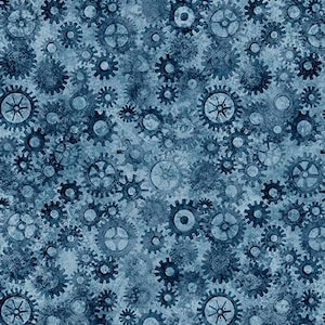 May include: A fabric pattern featuring a dense, repeating arrangement of dark blue mechanical gears and cogs set against a textured, mottled light blue background. The various sizes of gears are scattered across the surface in a non-linear layout.