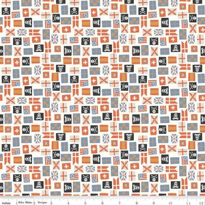 May include: A white fabric with a repeating pattern of colorful flags. The flags are in various styles, including a skull and crossbones, a union jack, and a striped flag. The fabric is perfect for quilting, sewing, and crafting.
