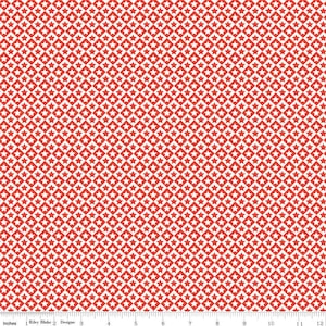 May include: Red and white fabric with a repeating pattern of small white stars on a red background.