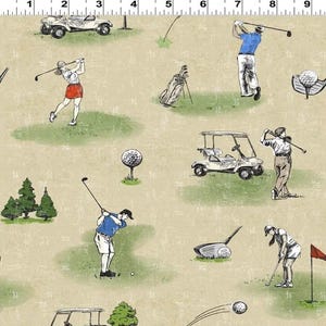 May include: A beige fabric featuring a repeating pattern of golf-themed illustrations, including people swinging golf clubs, golf carts, golf balls, and bags. A ruler at the top shows measurements in inches, spanning from 1 to 9 inches.