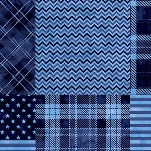 Op de afbeelding: Een digitale collage van blauwe stoffen met patronen. De stoffen bevatten een ruitpatroon, een zigzagpatroon, een gestreept patroon en een sterrenpatroon.