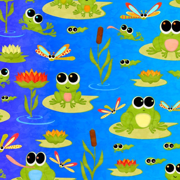 Frogs and Lotus in Blue part of the Hip Hop line by Quilting Treasures - You choose the cut
