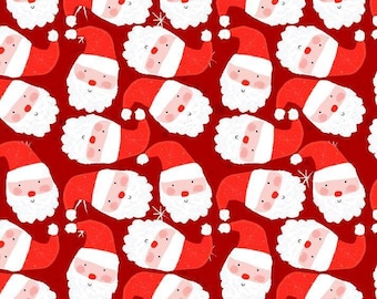 May include: Red fabric with a repeating pattern of white Santa Claus faces. The Santa faces have red hats, white beards, and pink cheeks.