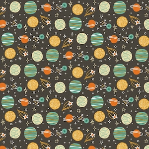 Planets in Gray and Yellow  part of the Space Monkey line by Paintbrush Studio Fabrics - your choice of cut