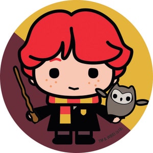 May include: A cartoon illustration of a red-haired boy wearing a black robe with a red and yellow scarf. He is holding a wand in his left hand and a gray owl in his right hand. The background is a yellow and brown circle.