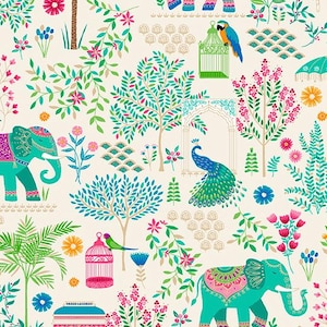 May include: A vibrant, repeating pattern featuring teal elephants, peacocks, and parrots amidst lush foliage and floral elements. The design includes ornate arches, trees, and decorative cages, all set against a cream background. The pattern is rich with pink, blue, and green hues.
