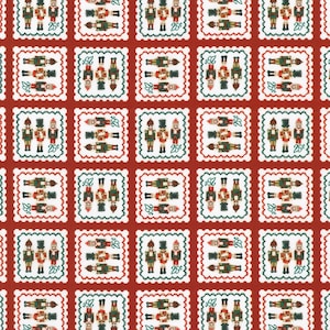 May include: A repeating fabric pattern featuring white postage stamp-shaped squares on a dark red background. Each square contains three illustrated nutcracker figures in green, red, and gold uniforms with the text 25 cents printed in black.