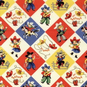Könnte beinhalten: Ein sich wiederholendes Muster mit Cartoon-Cowboys und -Cowgirls in einem Rautenmuster aus Rot, Gelb, Blau und Weiß. Die Cowboys spielen Instrumente, reiten auf Pferden und werfen Lassos. Der Text enthält "Hi Pardner" und "Yippee".