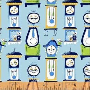 May include: A blue and white fabric with a repeating pattern of clocks and mice. The clocks are in various styles, some with a green face and some with a blue face. The mice are wearing hats and carrying small objects. The fabric is perfect for quilting, sewing, and crafting.