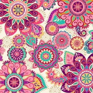 May include: A vibrant, seamless pattern featuring large, stylized floral and paisley designs in shades of pink, purple, teal, and yellow on a cream background. The intricate details and bold colors create a lively and decorative aesthetic, suitable for various applications.