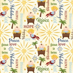 Op de afbeelding: Een herhalend patroon op een crèmekleurige achtergrond met illustraties van een baby in een kribbe, engelen, palmbomen en sterren. De woorden "Holiday", "Faith", "Blessings", "Peace", "Joy", "Rejoice" en "Jesus is born" zijn ook opgenomen.