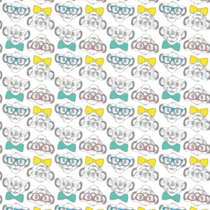 Puede incluir: Un patrón repetido de caras de león de dibujos animados que llevan gafas y pajaritas. Los leones tienen pajaritas de diferentes colores, incluyendo azul, amarillo y rojo. Las gafas son azules y el fondo es blanco.