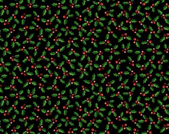 May include: A seamless pattern of green holly leaves and red berries on a black background.