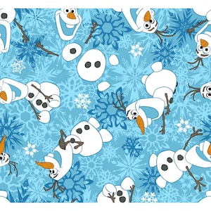 May include: A blue and white seamless pattern featuring Olaf, the snowman from the movie Frozen. Olaf is shown in various poses, including standing, sitting, and lying down. The background is a light blue with white snowflakes.