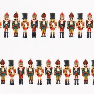 May include: A repeating pattern of nutcracker figures arranged in two horizontal rows against a white background. Each nutcracker wears a uniform in shades of red, green, and gold, featuring either a tall black top hat or a pointed crown.