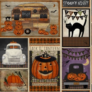 Könnte beinhalten: Eine digitale Collage mit Halloween-Motiven. Die Collage zeigt einen Vintage-Wohnwagen, eine Kürbislaterne mit Hexenhut, eine schwarze Katze und einen LKW mit Kürbissen in der Ladefläche. Der Text "Spooky Night", "Trick or Treat", "Jack O' Lantern" und "Happy Halloween" ist in der Collage enthalten.