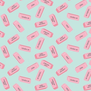Erasers in Pink and Green part of the Teacher&#39;s Rule Line by Camelot Fabrics- your choice of cut