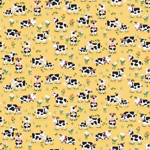 May include: A repeating pattern of black and white cows with floral accents on a yellow background. The cows are in various poses, some with flower crowns, and are interspersed with small flowers and blades of grass.