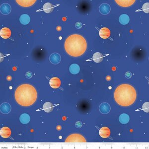 May include: A blue fabric with a repeating pattern of planets, stars, and a sun. The planets are in various colors, including orange, blue, and gray. The stars are white and the sun is yellow.