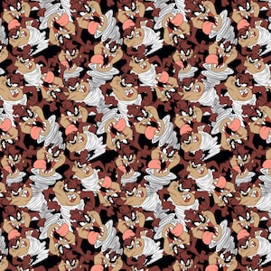 May include: A repeating pattern of a cartoon Tasmanian devil in a tornado. The devil is brown with a white swirl around it. The background is black.