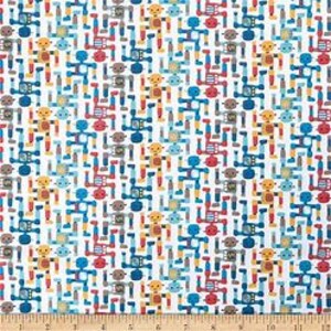 Peut inclure: Tissu blanc avec un motif répété de robots colorés dans différentes poses. Les robots sont bleus, rouges, jaunes et gris.