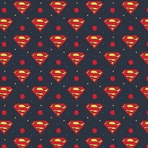 May include: A repeating pattern of red and yellow Superman logos on a dark blue background. The pattern is interspersed with small red and yellow circles.